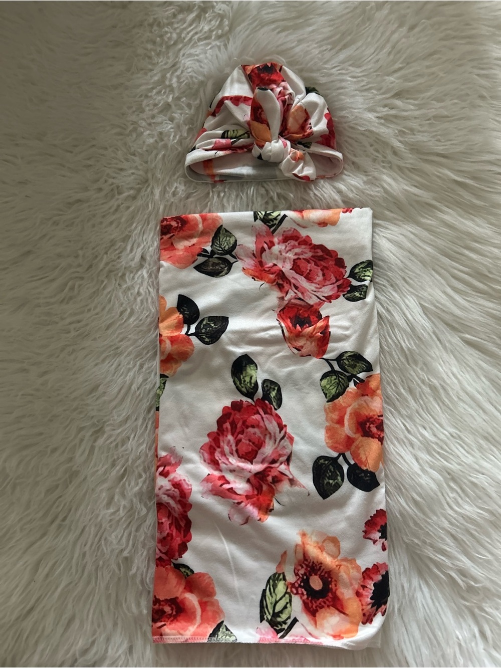 Floral Baby Turban and Swaddle Set - White with Coral & Green Flowers